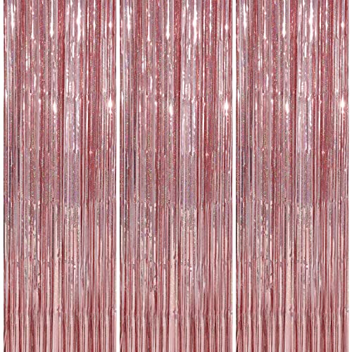 Crosize 3 Pack 3.3 x 9.9 ft Rose Gold Foil Fringe Backdrop Curtain, Streamer Backdrop Curtains, Birthday Party Decoration, Rose Gold Tinsel Curtain for Parties, Galentines Decor, Baby Shower