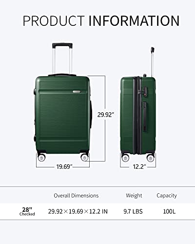 Zitahli Luggage, Expandable Suitcase Checked Luggage, Hardside Luggage with TSA Lock Spinner Wheels YKK zippers, 28in (Dark Green)