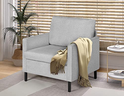 TYBOATLE Modern Upholstered Linen Fabric Accent Arm Chairs, Living Room Single Sofa Chair with Metal Legs, Comfy Reading Lounge Armchair for Small Spaces, Apartment, Bedroom, Office (Light Grey)