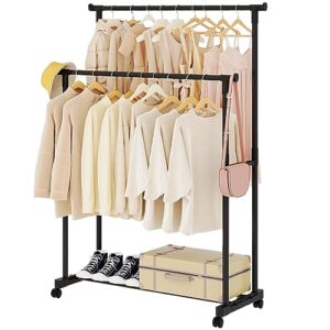 calmootey double rods clothing garment rack, rolling clothes rack with wheels, hanging clothes organizer for bedroom, hallway, black