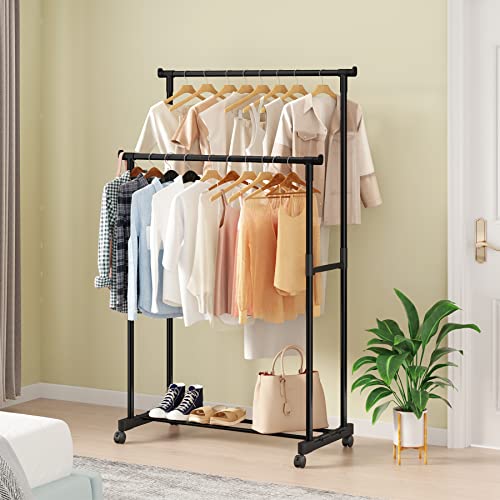 Calmootey Double Rods Clothing Garment Rack, Rolling Clothes Rack with Wheels, Hanging Clothes Organizer for Bedroom, Hallway, Black