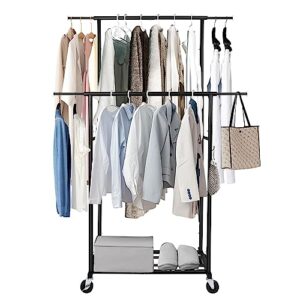 Fishat Simple Standard Freestanding Double Rod Clothing Metal Garment Rack for Hanging Clothes, Rolling Clothes Organizer on Lockable Wheels Mobile, with 2 Hooks (Black)