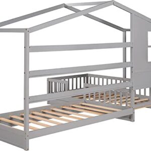 Harper & Bright Designs House Bed with Double Twin Beds, Wood L-Shaped 2 Platform Beds Roof ,Window,Fence and Slatted Design, Corner Playhouse Frame ,Montessori for Kids Girls Boys ,Grey