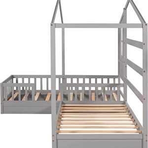 Harper & Bright Designs House Bed with Double Twin Beds, Wood L-Shaped 2 Platform Beds Roof ,Window,Fence and Slatted Design, Corner Playhouse Frame ,Montessori for Kids Girls Boys ,Grey