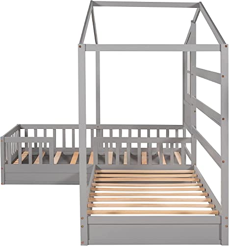 Harper & Bright Designs House Bed with Double Twin Beds, Wood L-Shaped 2 Platform Beds Roof ,Window,Fence and Slatted Design, Corner Playhouse Frame ,Montessori for Kids Girls Boys ,Grey