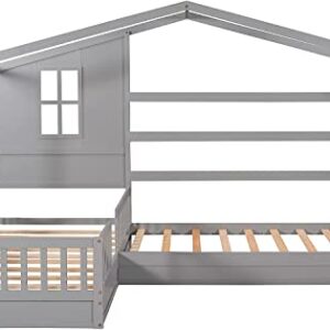 Harper & Bright Designs House Bed with Double Twin Beds, Wood L-Shaped 2 Platform Beds Roof ,Window,Fence and Slatted Design, Corner Playhouse Frame ,Montessori for Kids Girls Boys ,Grey