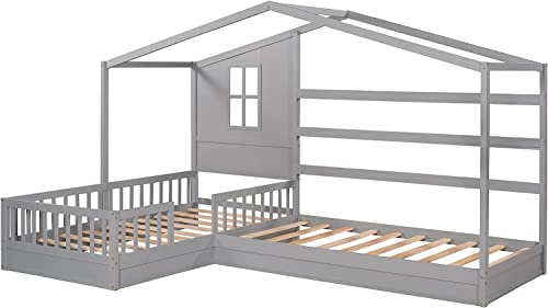 Harper & Bright Designs House Bed with Double Twin Beds, Wood L-Shaped 2 Platform Beds Roof ,Window,Fence and Slatted Design, Corner Playhouse Frame ,Montessori for Kids Girls Boys ,Grey