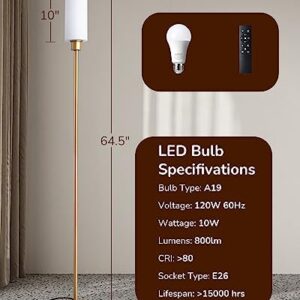 EDISHINE LED Corner Floor Lamp with Glass Lampshade, Modern Dimmable Lamp with Remote, 5 CCT, 65" Tall Standing Light for Living Room, Bedroom, Office, Bulb Included (Gold)