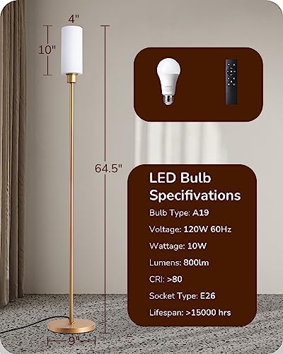 EDISHINE LED Corner Floor Lamp with Glass Lampshade, Modern Dimmable Lamp with Remote, 5 CCT, 65" Tall Standing Light for Living Room, Bedroom, Office, Bulb Included (Gold)