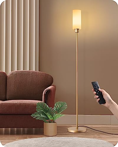 EDISHINE LED Corner Floor Lamp with Glass Lampshade, Modern Dimmable Lamp with Remote, 5 CCT, 65" Tall Standing Light for Living Room, Bedroom, Office, Bulb Included (Gold)