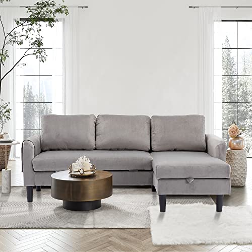 Hdxdkog L-Shaped Sectional Sofa with Pull-Out Bed 72" Sectional Sleeper Sofa Bed with Storage Chaise Lounge and Pocket, Upholstered Corner Couch for Living Room Home Office (Gray)