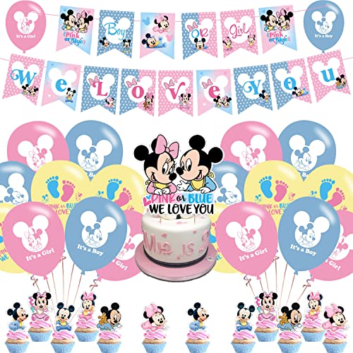 Mickey and Minnie Gender Reveal Backdrop Birthday Banner for Mickey and Minnie Gender Reveal Birthday Party Supplies Gender Reveal Photograph Background Photo Booth 5x3ft