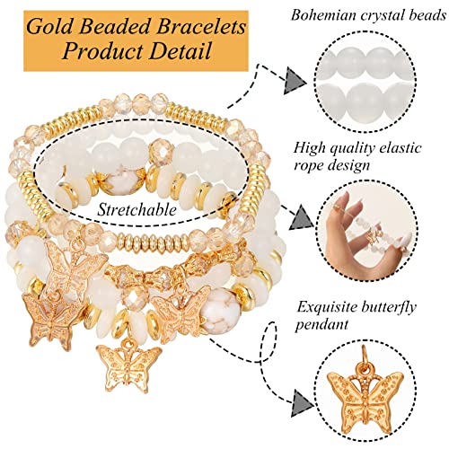 FAXHION Bohemian Bracelets for Women Girls, Gold Beaded Stackable Stretch Bracelet Set, Butterfly Elastic Colorful Charm Bracelets Boho Jewelry (B-bracelet set-4pcs)