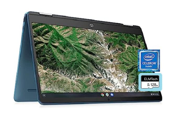 HP Chromebook X360 2-in-1 14" HD Touchscreen Light and Slim Laptop, Intel Celeron N4120 Processor, 4GB RAM, 64 GB eMMC, Webcam, Bluetooth, Wi-Fi, Chrome OS,Teal, w/ELMTech 128GB MicroCard