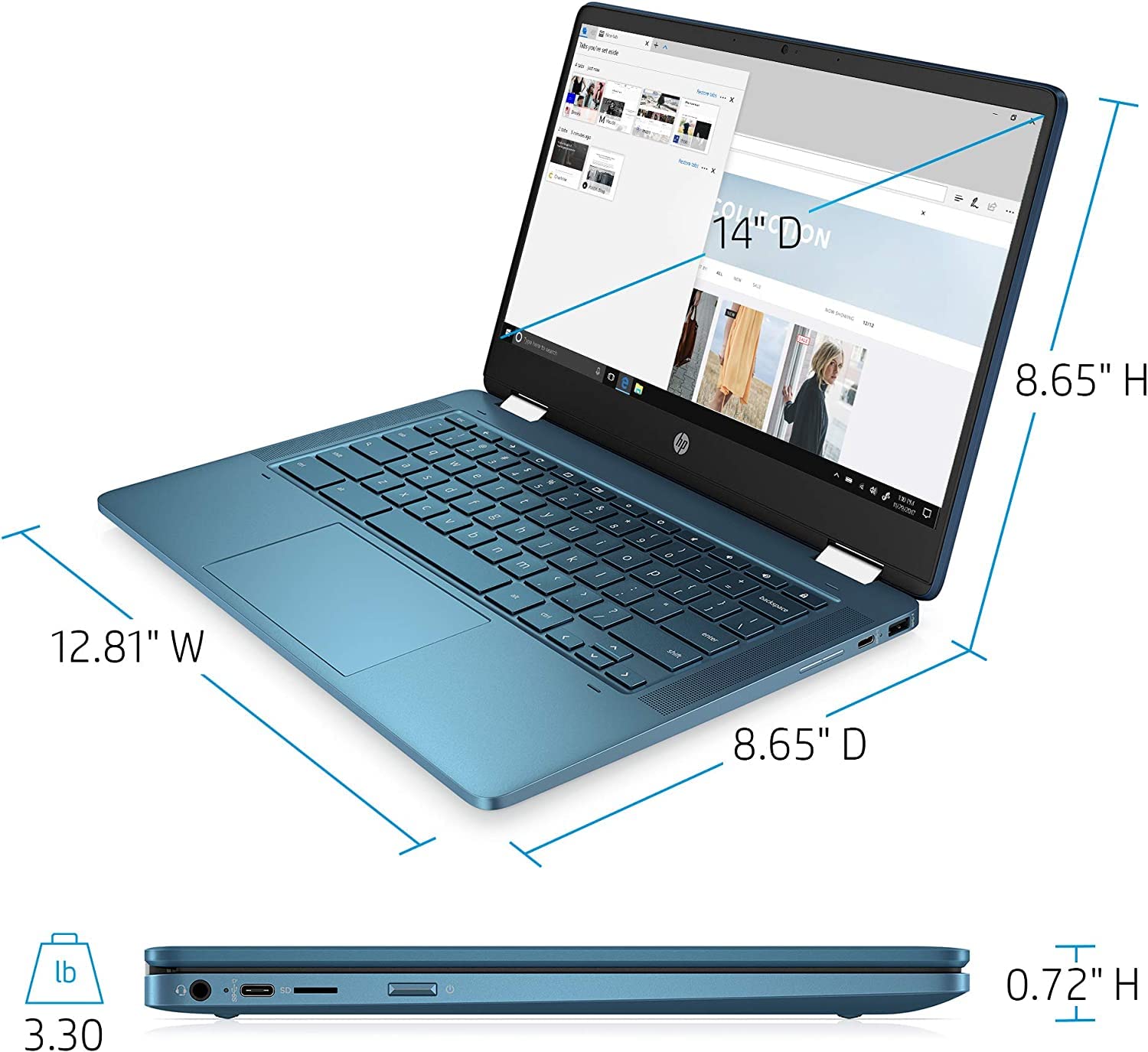 HP Chromebook X360 2-in-1 14" HD Touchscreen Light and Slim Laptop, Intel Celeron N4120 Processor, 4GB RAM, 64 GB eMMC, Webcam, Bluetooth, Wi-Fi, Chrome OS,Teal, w/ELMTech 128GB MicroCard