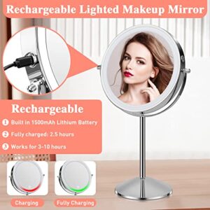KuMers Lighted Makeup Mirror with Magnification, 10X 8’’Rechargeable Double Sided Vanity Mirror with Lights Magnifying Makeup Mirror with 3 Color Light with 360° Rotation, Detachable Base