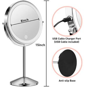 KuMers Lighted Makeup Mirror with Magnification, 10X 8’’Rechargeable Double Sided Vanity Mirror with Lights Magnifying Makeup Mirror with 3 Color Light with 360° Rotation, Detachable Base