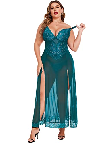 Avidlove Women's Plus Size Badydoll Lace Lingerie Long Dress Strap Chemise Nightgown Blue Green