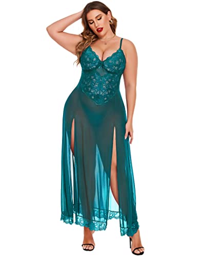 Avidlove Women's Plus Size Badydoll Lace Lingerie Long Dress Strap Chemise Nightgown Blue Green