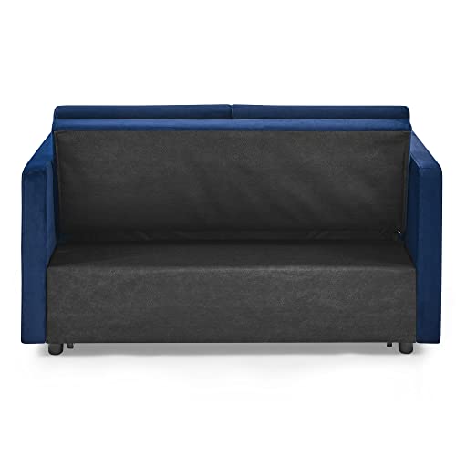 FANYE Velvet Upholstered Loveseat Sleeper w/Side Storage Pockets, 54.5" 2-Seaters Sofa with Pull-Out Couch Bed with Adjustable Cushions Backrest for Living Room Apartment Office Small Space, Blue