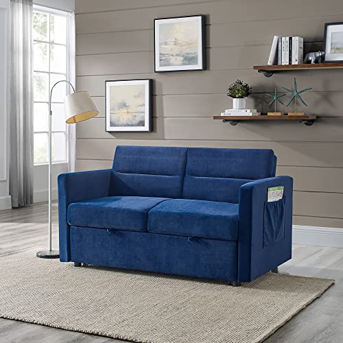 FANYE Velvet Upholstered Loveseat Sleeper w/Side Storage Pockets, 54.5" 2-Seaters Sofa with Pull-Out Couch Bed with Adjustable Cushions Backrest for Living Room Apartment Office Small Space, Blue