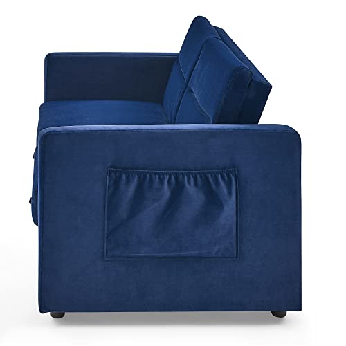 FANYE Velvet Upholstered Loveseat Sleeper w/Side Storage Pockets, 54.5" 2-Seaters Sofa with Pull-Out Couch Bed with Adjustable Cushions Backrest for Living Room Apartment Office Small Space, Blue