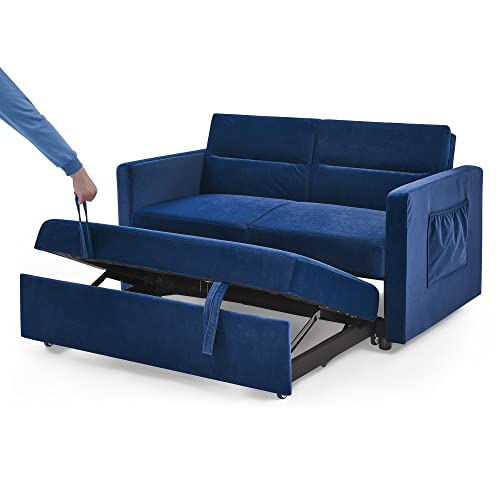 FANYE Velvet Upholstered Loveseat Sleeper w/Side Storage Pockets, 54.5" 2-Seaters Sofa with Pull-Out Couch Bed with Adjustable Cushions Backrest for Living Room Apartment Office Small Space, Blue