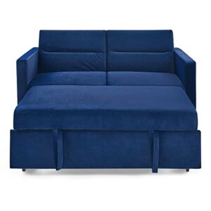 FANYE Velvet Upholstered Loveseat Sleeper w/Side Storage Pockets, 54.5" 2-Seaters Sofa with Pull-Out Couch Bed with Adjustable Cushions Backrest for Living Room Apartment Office Small Space, Blue