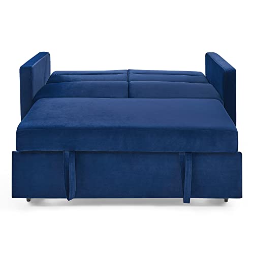 FANYE Velvet Upholstered Loveseat Sleeper w/Side Storage Pockets, 54.5" 2-Seaters Sofa with Pull-Out Couch Bed with Adjustable Cushions Backrest for Living Room Apartment Office Small Space, Blue