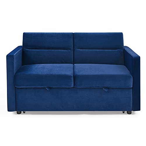 FANYE Velvet Upholstered Loveseat Sleeper w/Side Storage Pockets, 54.5" 2-Seaters Sofa with Pull-Out Couch Bed with Adjustable Cushions Backrest for Living Room Apartment Office Small Space, Blue