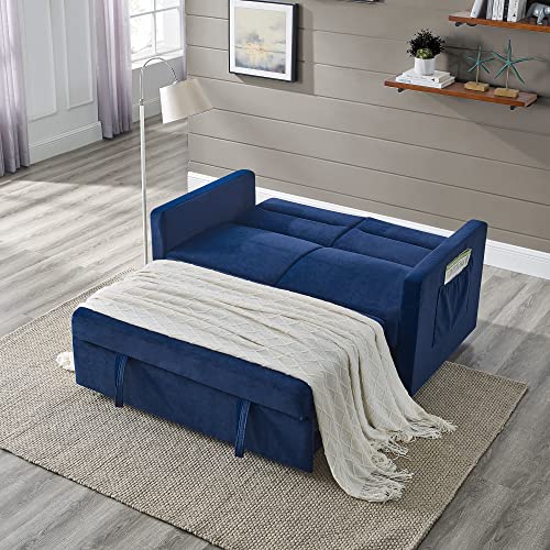 FANYE Velvet Upholstered Loveseat Sleeper w/Side Storage Pockets, 54.5" 2-Seaters Sofa with Pull-Out Couch Bed with Adjustable Cushions Backrest for Living Room Apartment Office Small Space, Blue