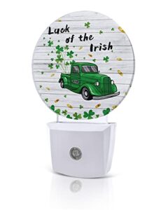 st. patrick's day shamrock night lights plug into wall, green truck gold coins auto round led lights with dusk to dawn sensor for bedroom, bathroom, hallway, kitchen, kids, home decor