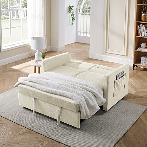 FANYE Linen Upholstered Loveseat Sleeper w/Side Storage Pockets, 54.5" 2-Seaters Sofa with Pull-Out Couch Bed with 2 Pillows & Adjustable Backrest for Living Room Apartment Office Small Space, Beige