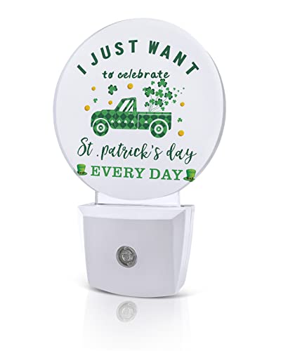 St. Patrick's Day Celebrate Night Lights Plug into Wall, Green Truck Shamrock Auto Round LED Lights with Dusk to Dawn Sensor for Bedroom, Bathroom, Hallway, Kitchen, Kids, Home Decor