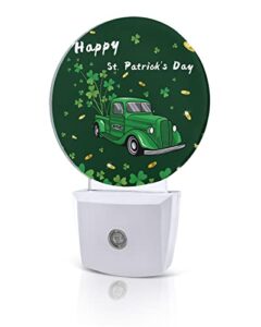 happy st. patrick's day night lights plug into wall, green truck clover coins auto round led lights with dusk to dawn sensor for bedroom, bathroom, hallway, kitchen, kids, home decor