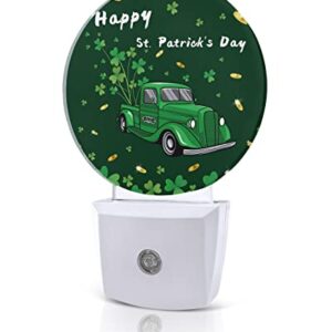 Happy St. Patrick's Day Night Lights Plug into Wall, Green Truck Clover Coins Auto Round LED Lights with Dusk to Dawn Sensor for Bedroom, Bathroom, Hallway, Kitchen, Kids, Home Decor