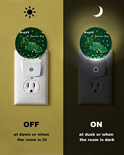 Happy St. Patrick's Day Night Lights Plug into Wall, Green Truck Clover Coins Auto Round LED Lights with Dusk to Dawn Sensor for Bedroom, Bathroom, Hallway, Kitchen, Kids, Home Decor