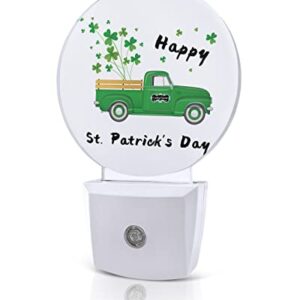 Happy St.Patrick's Day Truck Night Lights Plug into Wall, Irish Clover Green Auto Round LED Lights with Dusk to Dawn Sensor for Bedroom, Bathroom, Hallway, Kitchen, Kids, Home Decor