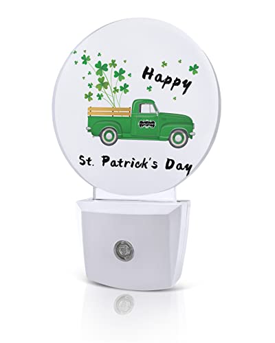 Happy St.Patrick's Day Truck Night Lights Plug into Wall, Irish Clover Green Auto Round LED Lights with Dusk to Dawn Sensor for Bedroom, Bathroom, Hallway, Kitchen, Kids, Home Decor