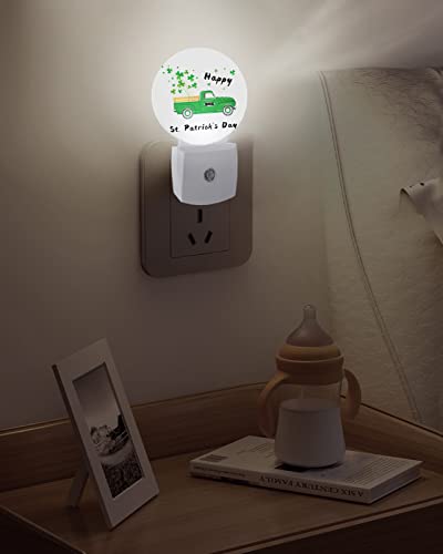 Happy St.Patrick's Day Truck Night Lights Plug into Wall, Irish Clover Green Auto Round LED Lights with Dusk to Dawn Sensor for Bedroom, Bathroom, Hallway, Kitchen, Kids, Home Decor