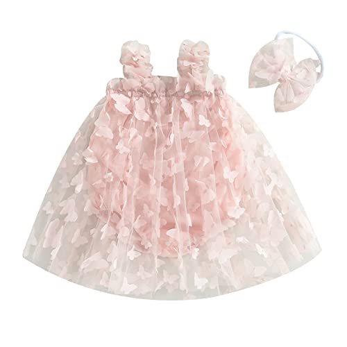 Baby Rompers Girl Princess Dress Ruffle Mesh Butterfly Tulle Tutu Dress Photograph Outfit Summer Clothtes Birthday Gift (A Pink, 6-12 Months)