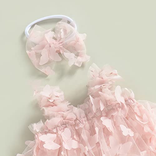 Baby Rompers Girl Princess Dress Ruffle Mesh Butterfly Tulle Tutu Dress Photograph Outfit Summer Clothtes Birthday Gift (A Pink, 6-12 Months)