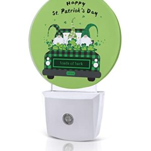 St.Patrick Day Gnomes Truck Night Lights Plug into Wall, Buffalo Plaid Green Shamrocks Auto Round LED Lights with Dusk to Dawn Sensor for Bedroom, Bathroom, Hallway, Kitchen, Kids, Home Decor