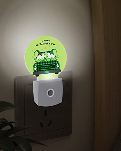 St.Patrick Day Gnomes Truck Night Lights Plug into Wall, Buffalo Plaid Green Shamrocks Auto Round LED Lights with Dusk to Dawn Sensor for Bedroom, Bathroom, Hallway, Kitchen, Kids, Home Decor