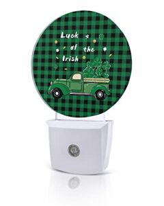 green truck buffalo plaid night lights plug into wall, st. patrick's day auto round led lights with dusk to dawn sensor for bedroom, bathroom, hallway, kitchen, kids, home decor