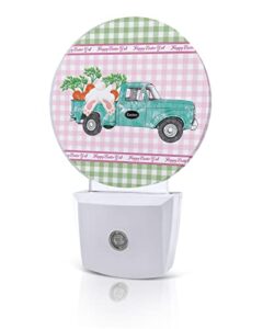 happy easter truck bunny night lights plug into wall, pink green buffalo blue auto round led lights with dusk to dawn sensor for bedroom, bathroom, hallway, kitchen, kids, home decor