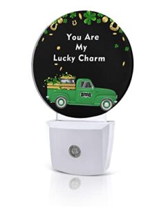 st.patrick day truck gold coins clover night lights plug into wall, green black auto round led lights with dusk to dawn sensor for bedroom, bathroom, hallway, kitchen, kids, home decor