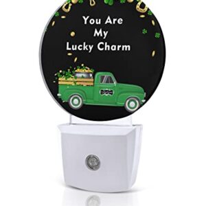 St.Patrick Day Truck Gold Coins Clover Night Lights Plug into Wall, Green Black Auto Round LED Lights with Dusk to Dawn Sensor for Bedroom, Bathroom, Hallway, Kitchen, Kids, Home Decor