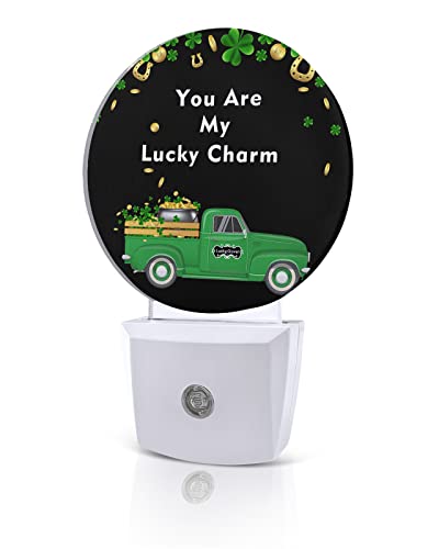 St.Patrick Day Truck Gold Coins Clover Night Lights Plug into Wall, Green Black Auto Round LED Lights with Dusk to Dawn Sensor for Bedroom, Bathroom, Hallway, Kitchen, Kids, Home Decor