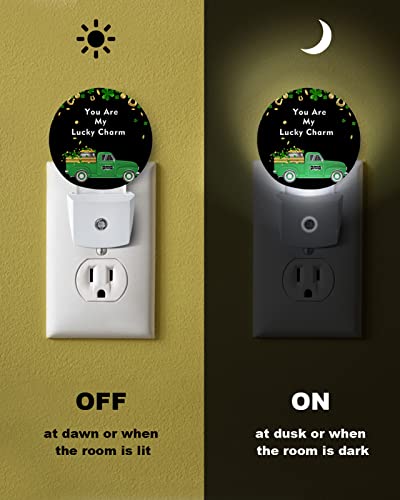 St.Patrick Day Truck Gold Coins Clover Night Lights Plug into Wall, Green Black Auto Round LED Lights with Dusk to Dawn Sensor for Bedroom, Bathroom, Hallway, Kitchen, Kids, Home Decor